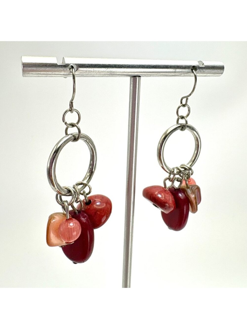 Tumbled Gemstone Silver Plated Circle Dangle Earrings 2.25" Length